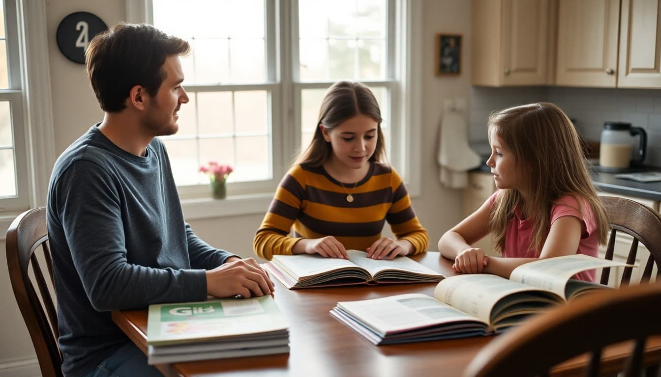 A Missouri homeschool family at a kitchen table with curriculum books and a finished student project