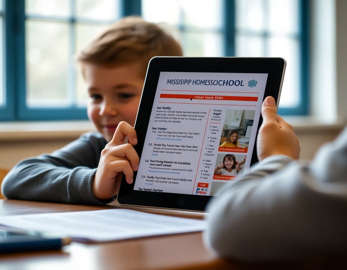 Mississippi homeschool newsletter on a tablet showing weekly learning updates and community event links