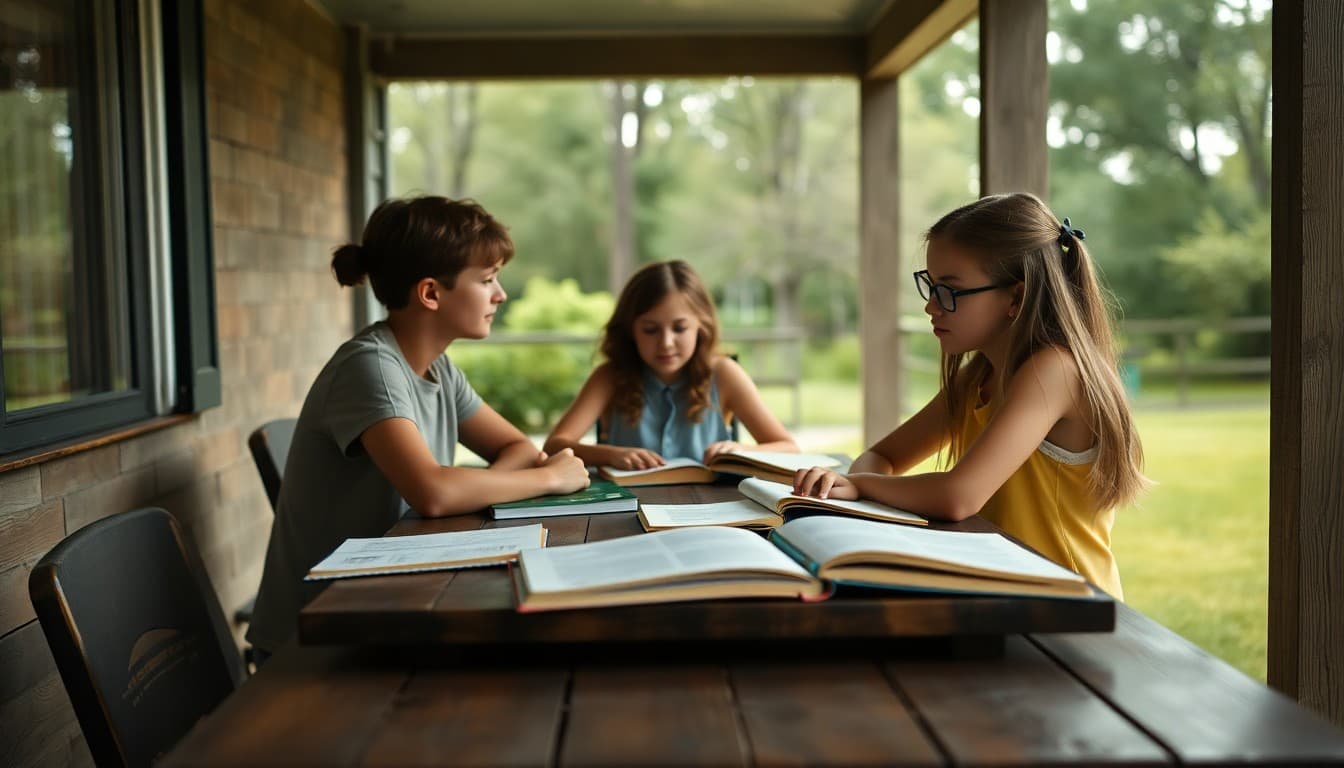 A Mississippi homeschool family at a table on a covered porch with textbooks and a nature journal