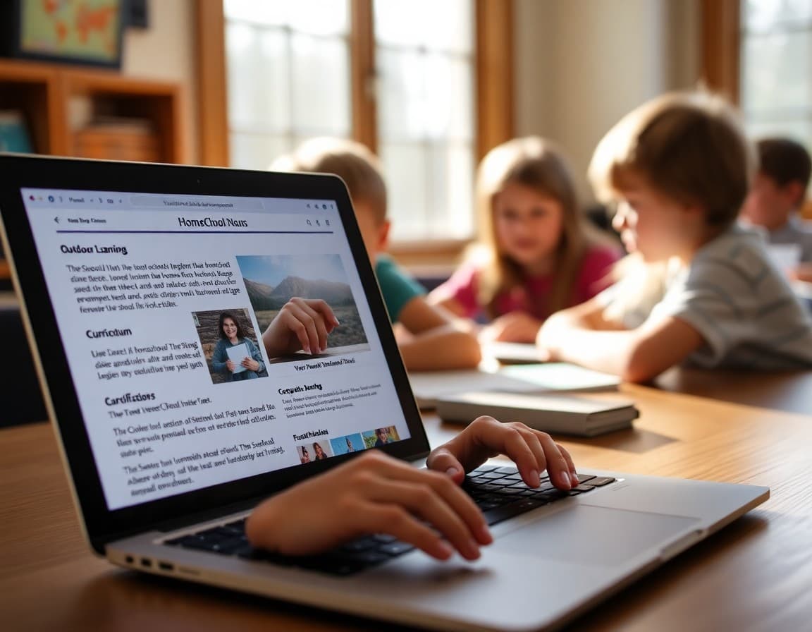 Montana homeschool newsletter on a laptop showing outdoor learning entries and curriculum highlights