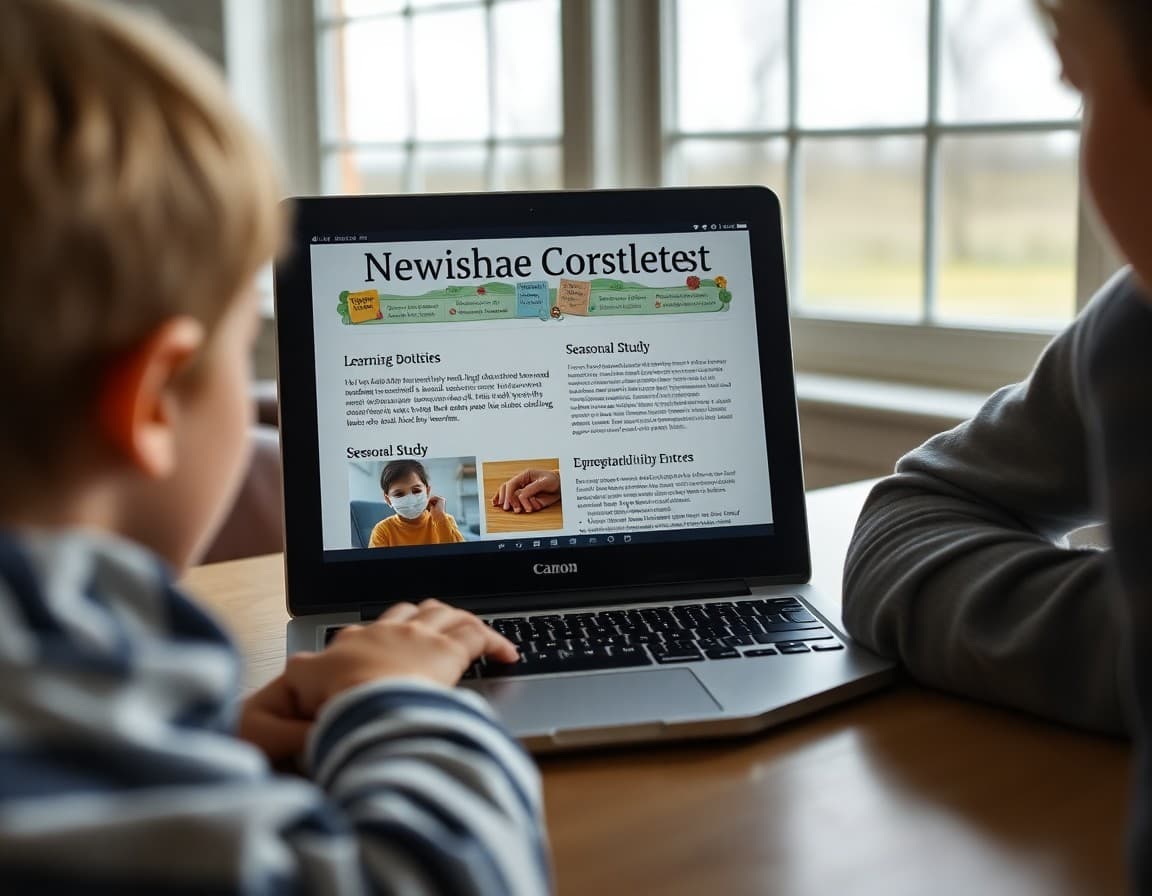 North Dakota homeschool newsletter on a laptop showing learning documentation and seasonal study entries