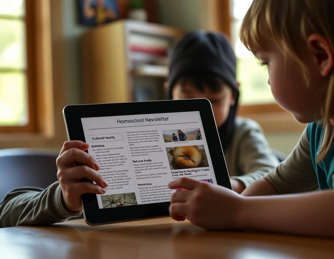 New Mexico homeschool newsletter on a tablet with cultural learning entries and nature study documentation