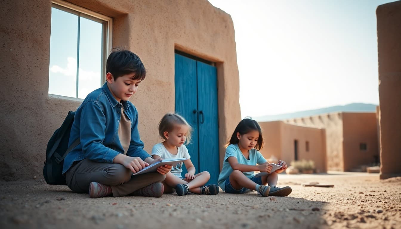 A New Mexico homeschool family doing an outdoor lesson near adobe structures in the high desert