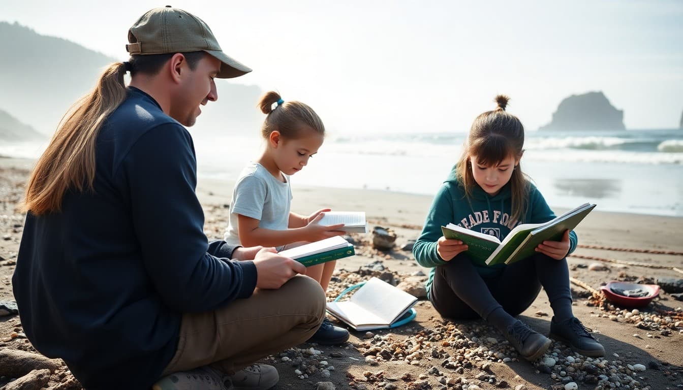 An Oregon homeschool family doing nature study on a Pacific coast beach with field guides and notebooks