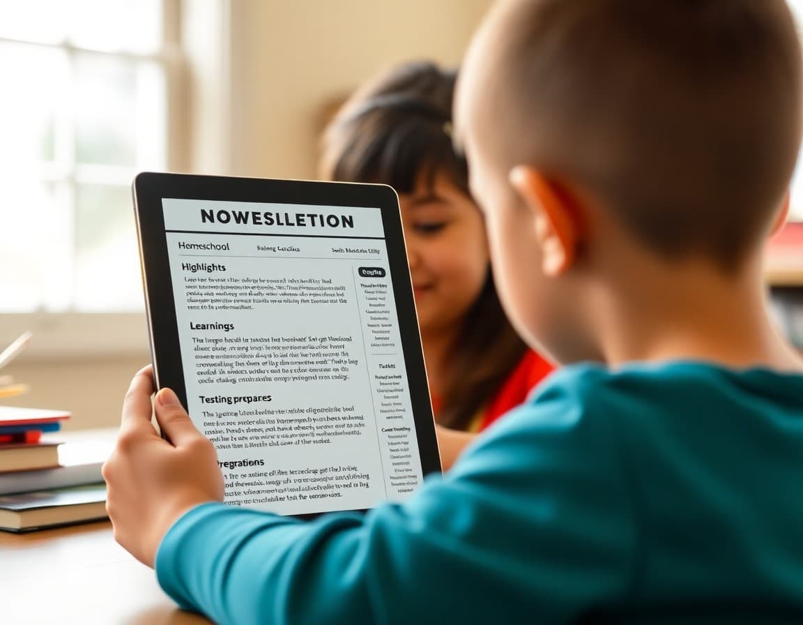 South Carolina homeschool newsletter on a tablet showing learning highlights and testing preparation notes