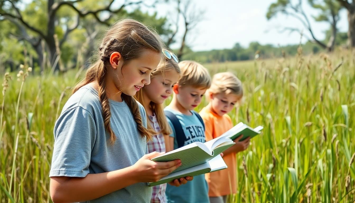 A South Carolina homeschool family studying nature at a Lowcountry marsh with field guides and notebooks