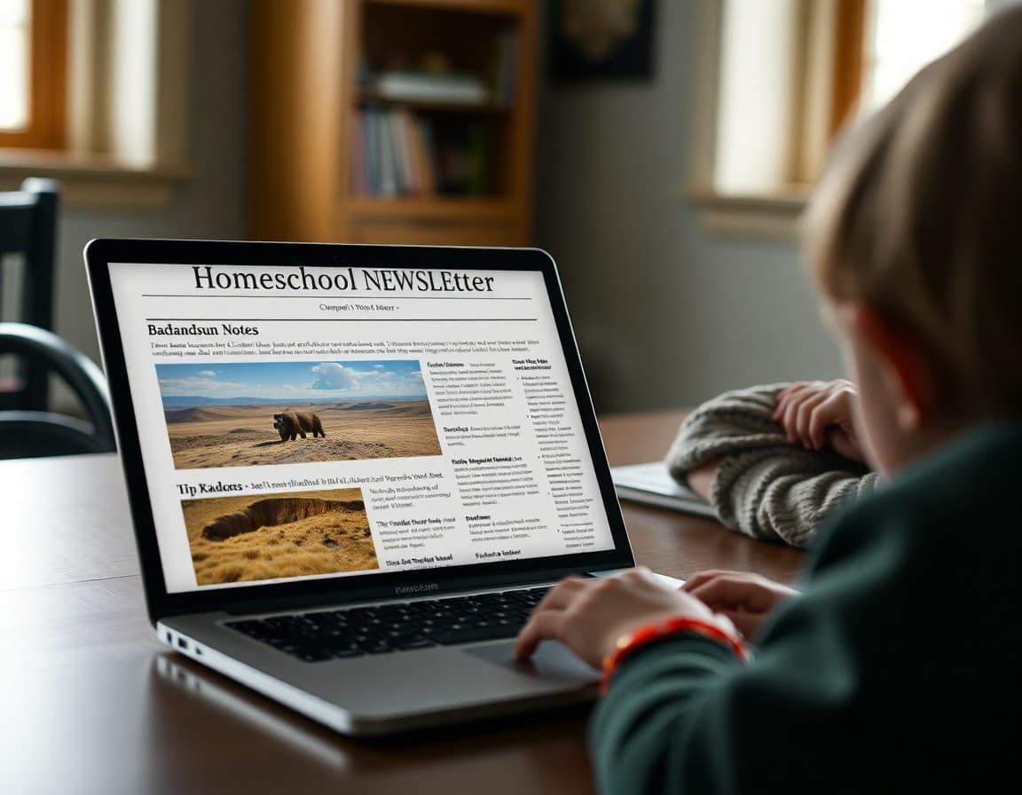 South Dakota homeschool newsletter on a laptop showing Badlands field trip documentation and curriculum notes