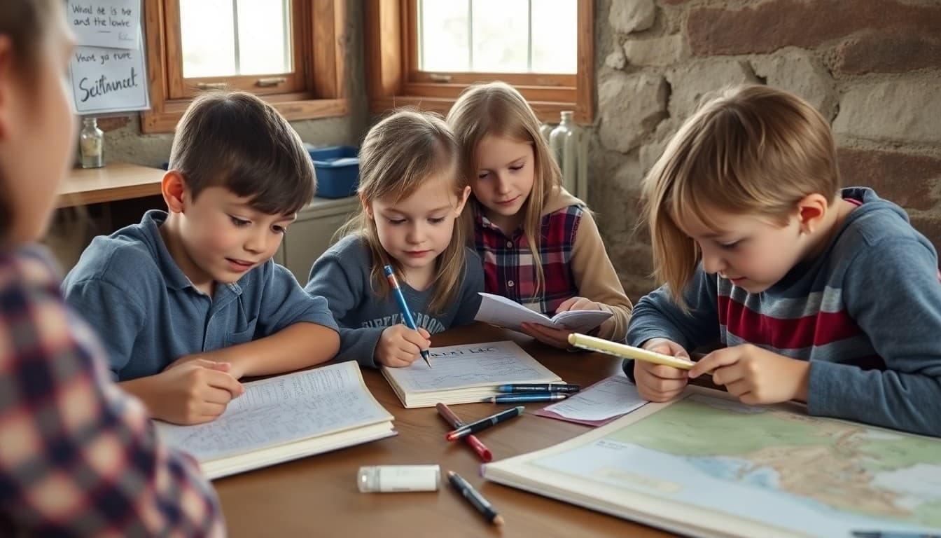 South Dakota homeschool students doing a geology study in the Badlands with field notebooks and maps