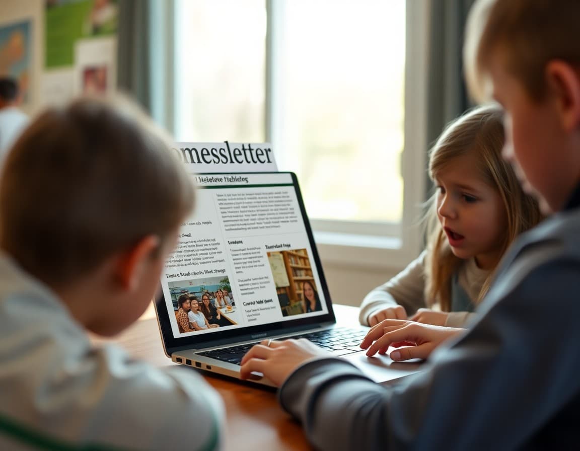 Texas homeschool newsletter on a laptop showing curriculum highlights and field trip documentation
