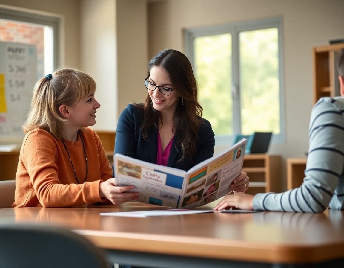 Teacher showing a parent a portfolio of student work at a conference table
