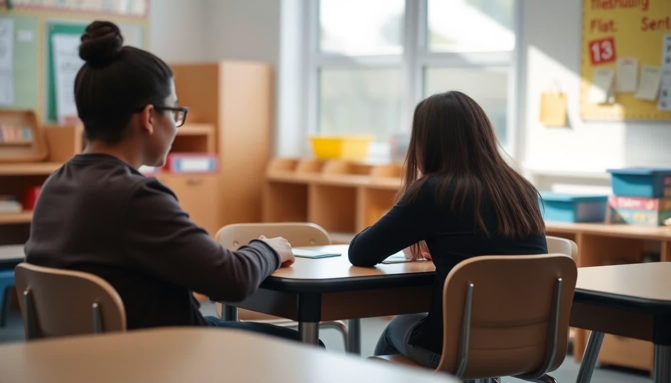 Parent sitting across a small table from a teacher in a kindergarten classroom conference setting