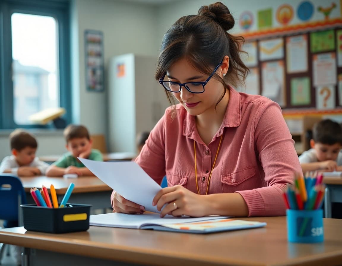 Kindergarten teacher carefully drafting behavior guidance newsletter at classroom desk
