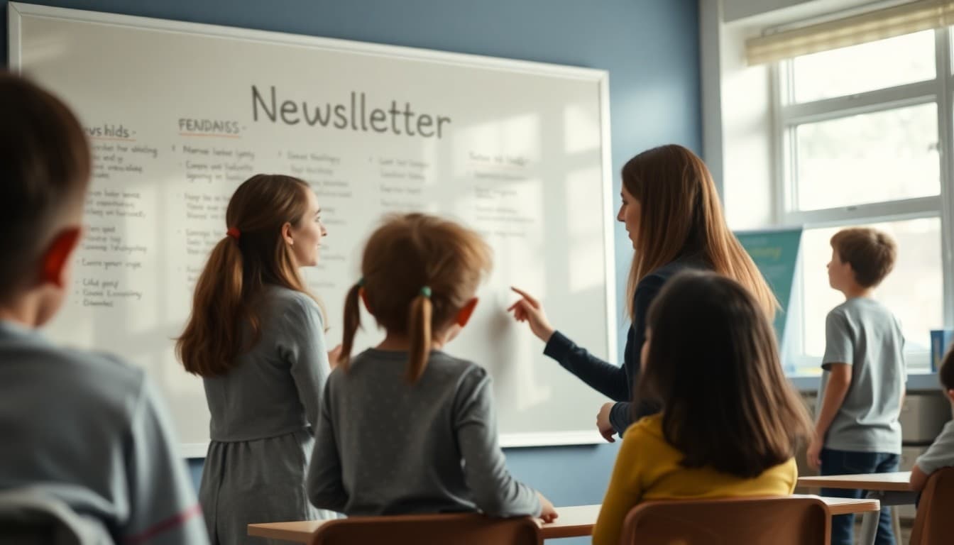 Teacher brainstorming kindergarten classroom newsletter ideas on whiteboard