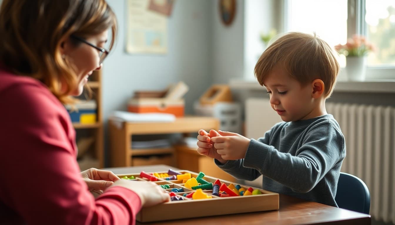 Kindergartner sorting colored objects in hands-on color learning activity at home with parent