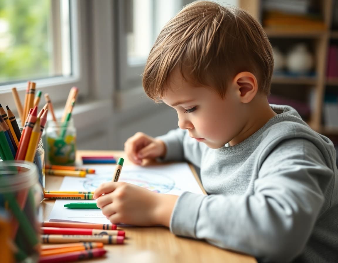 Young child focused on coloring detailed picture with crayons at home art station