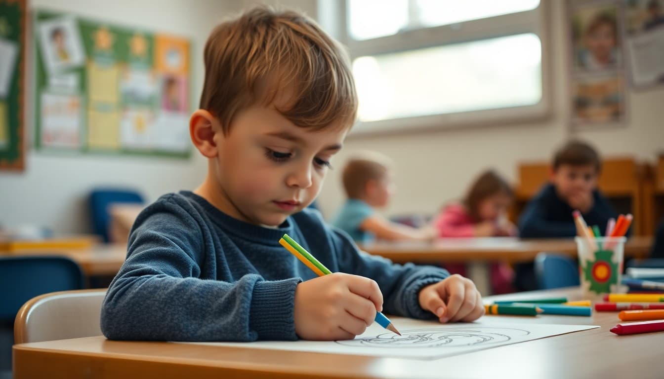 Kindergartner coloring carefully staying inside lines at art table during school activity