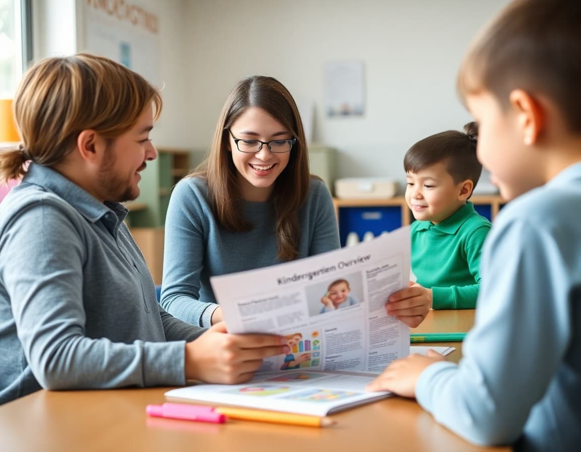 Kindergarten teacher preparing curriculum overview newsletter for all families