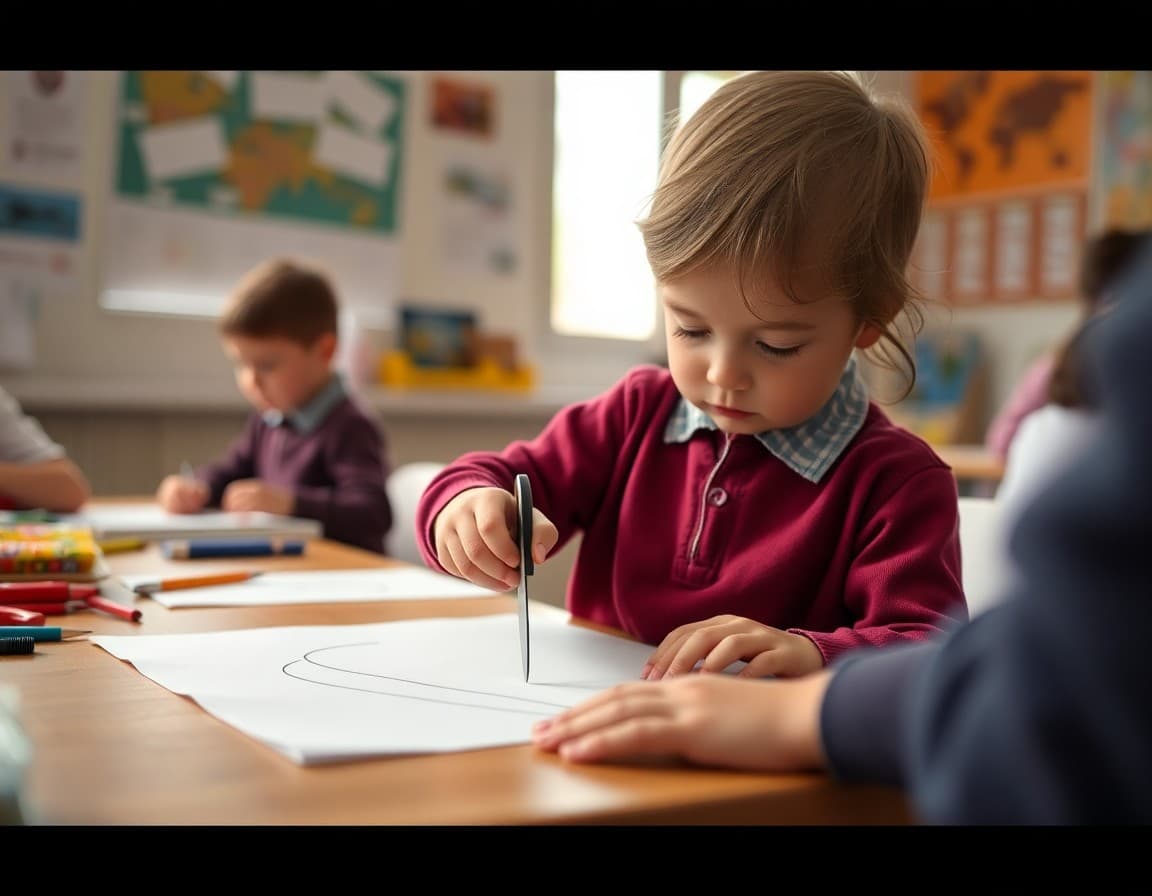 Young child carefully using safety scissors to cut along lines during art activity at school
