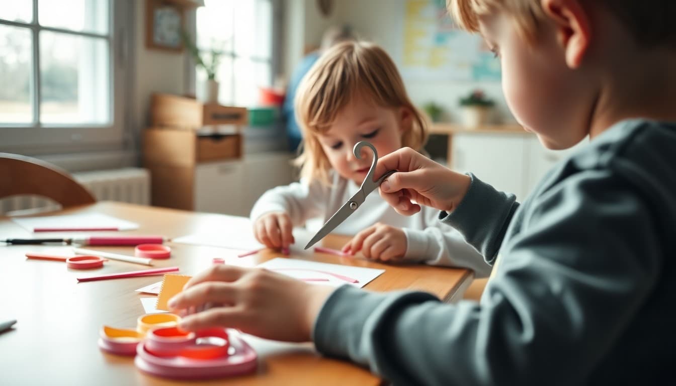 Kindergartner practicing cutting with child safety scissors at home table with paper strips