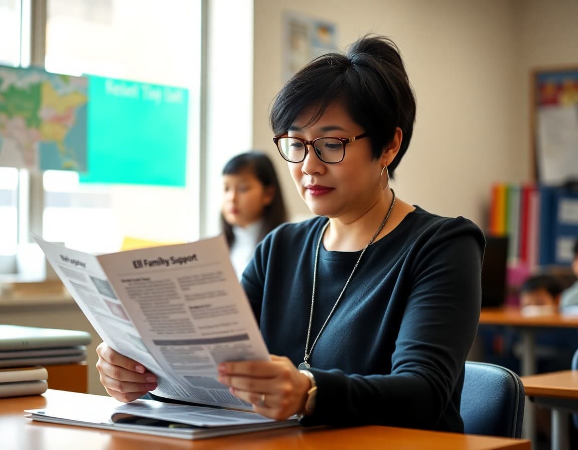 Bilingual school coordinator preparing ELL family support newsletter in two languages