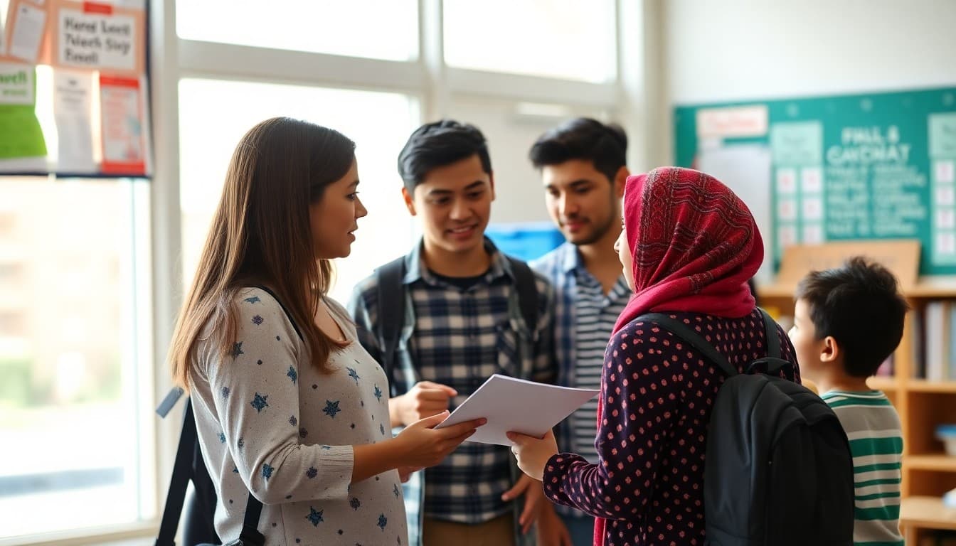 ELL teacher communicating language support services to multilingual kindergarten parents