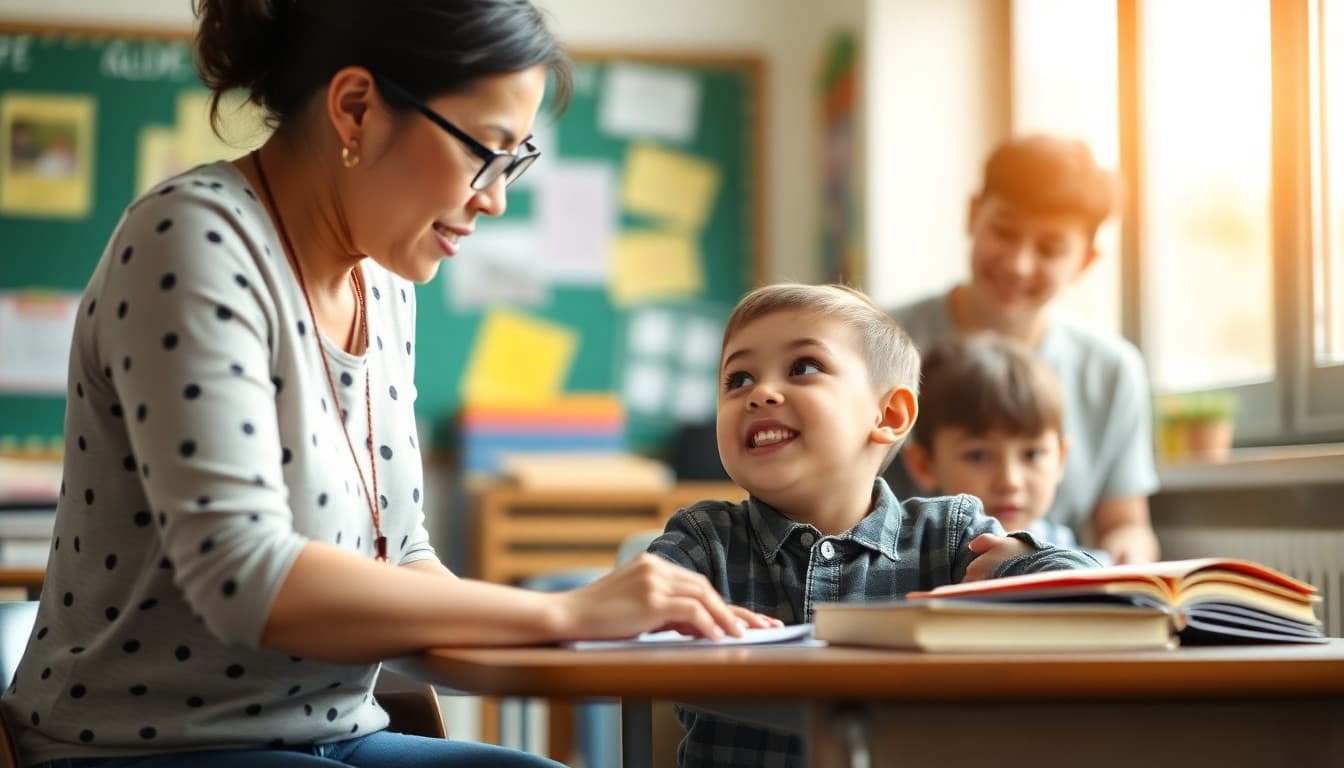 ELL kindergartner learning English at school with bilingual support from teacher and aide