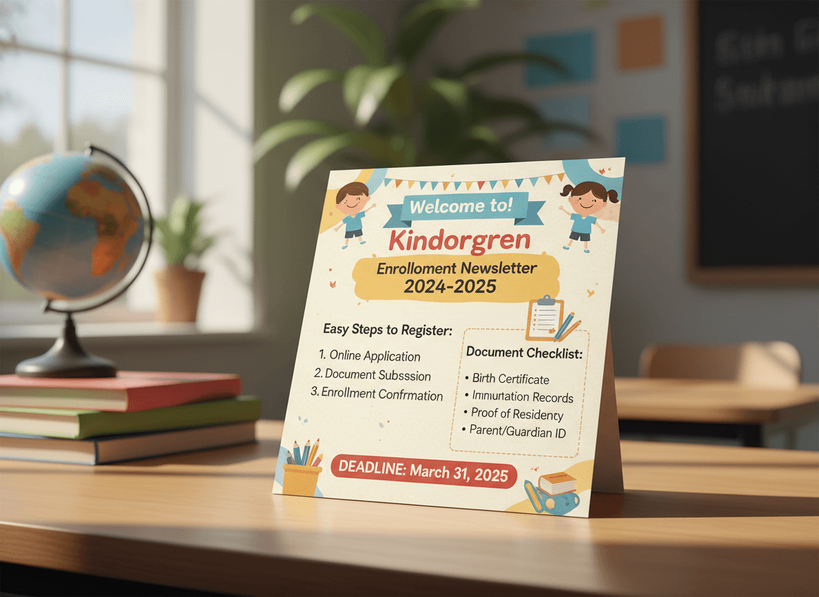 A kindergarten enrollment newsletter showing registration steps, document checklist, and deadline