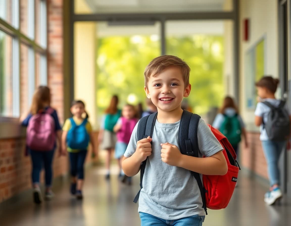 Happy kindergartner walking into school building with backpack on first day of school