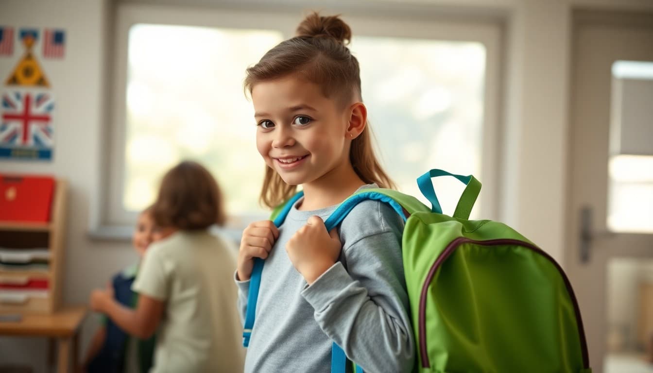 Parent and kindergartner preparing backpack and outfit together for first day of school