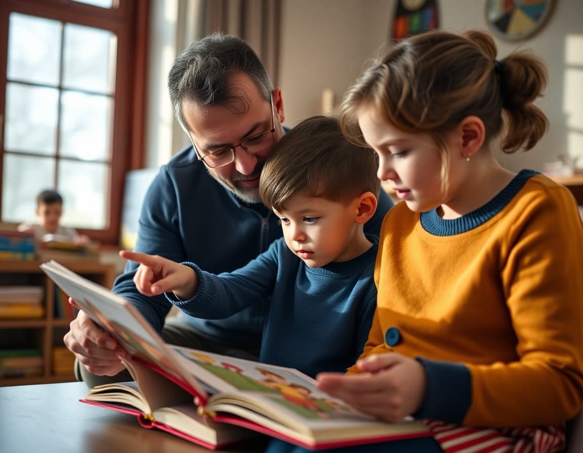 Kindergartner pointing at words in picture book while parent guides reading practice at home