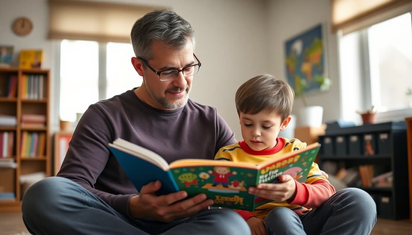 Parent reading with kindergartner at home following teacher tips for early literacy support