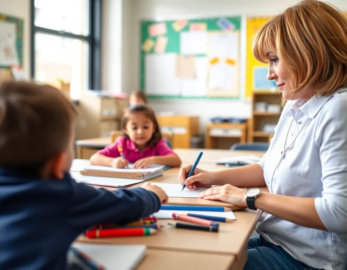 Kindergarten teacher writing homework policy newsletter at classroom desk for families