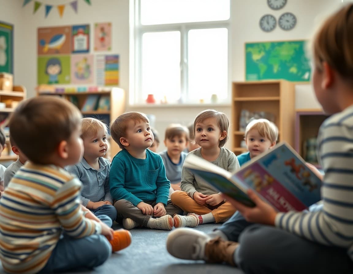 Young students sitting attentively on carpet listening to teacher read aloud in kindergarten