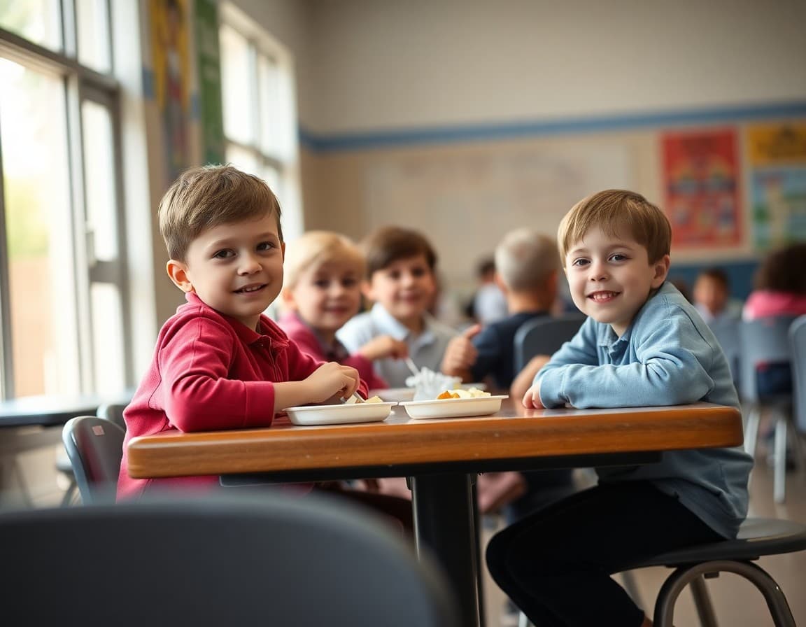 Young children sitting together at school cafeteria table eating lunch during school day