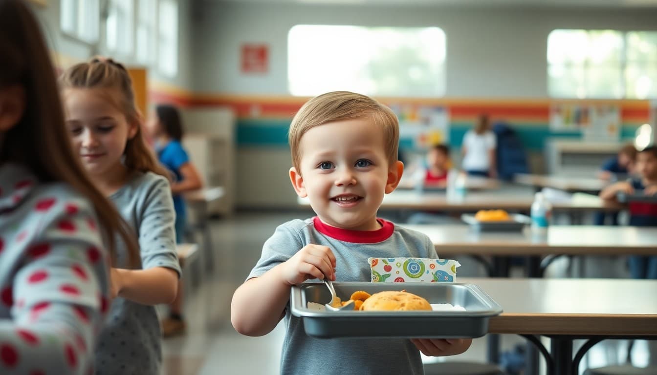 Kindergartner navigating school cafeteria for first time with lunch tray and classmates
