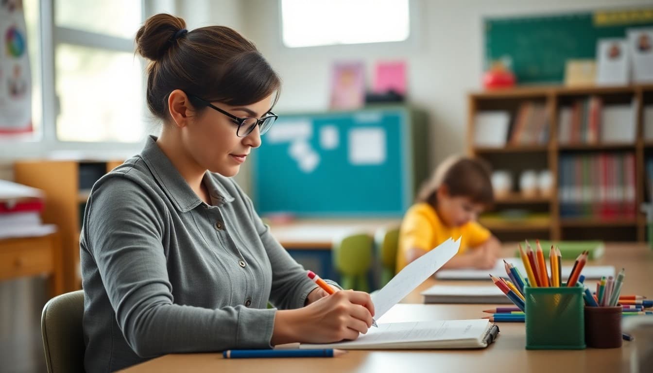 Teacher writing kindergarten math progress update newsletter for parents at desk