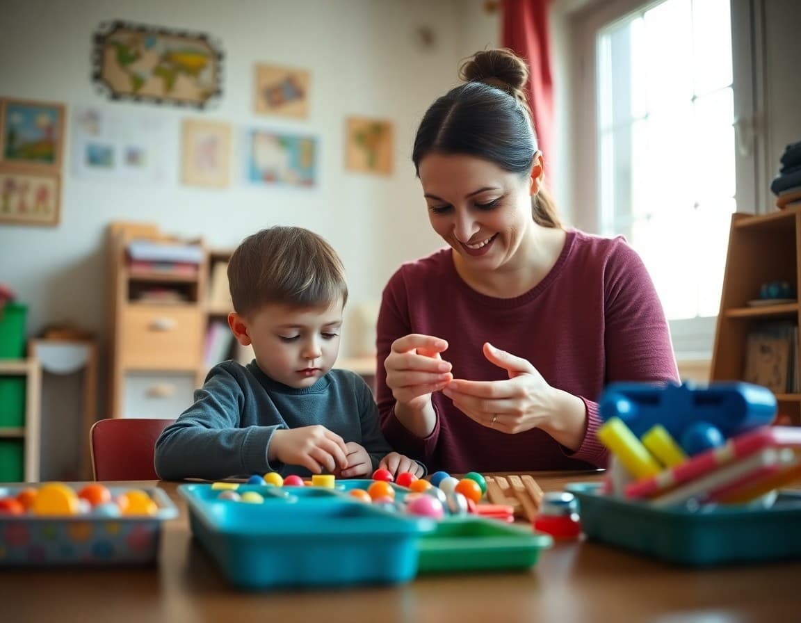 Parent and kindergartner counting objects together using manipulatives at home for math practice