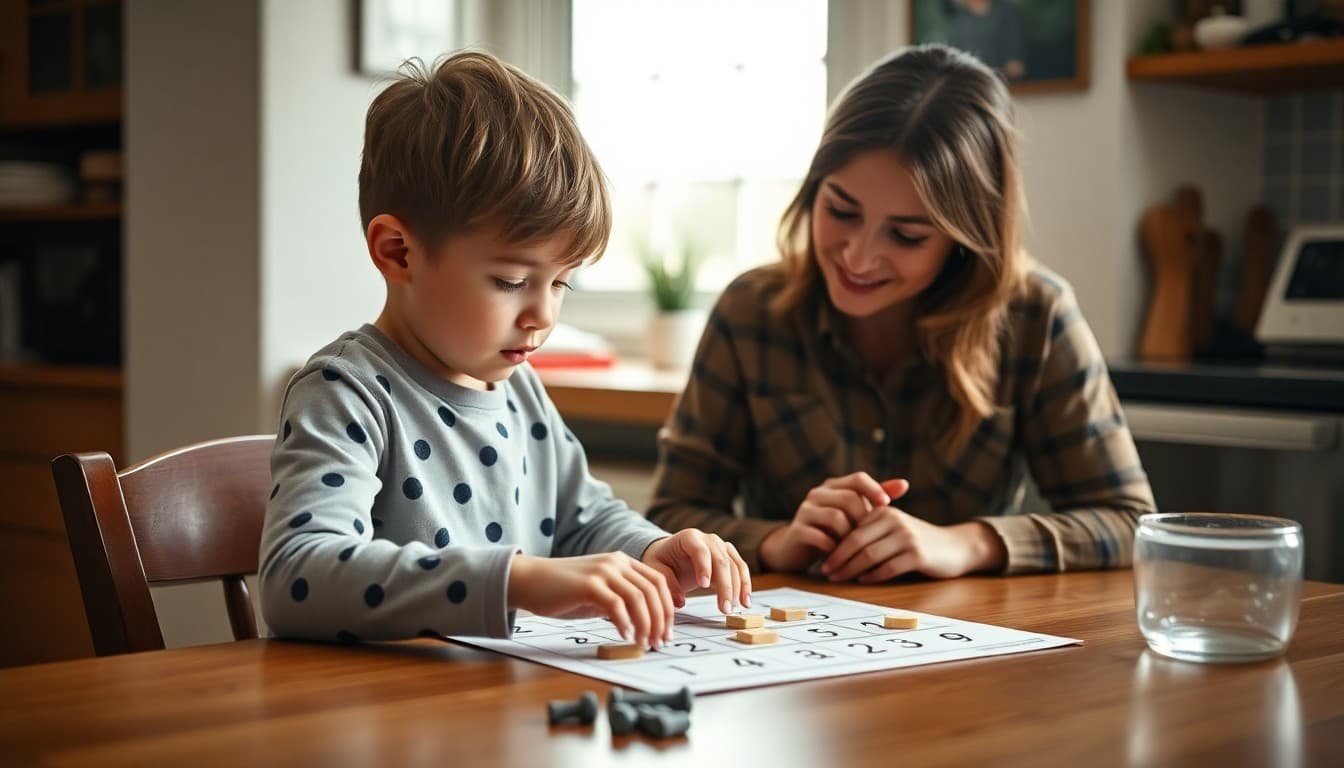 Kindergartner working on counting and number skills with parent at home kitchen table