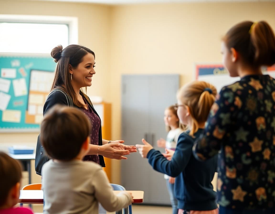 Kindergarten teacher welcoming family and child to classroom during meet the teacher event
