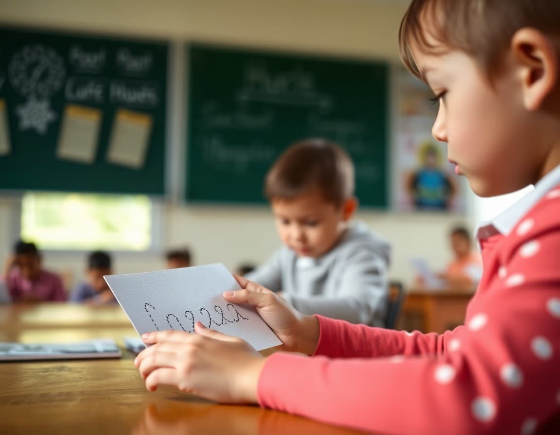 Child tracing their name on practice card with guide dots as teacher watches at school