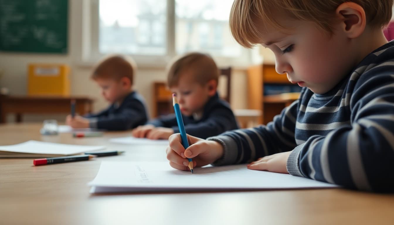 Kindergartner practicing writing their own name for the first time with pencil on wide-lined paper