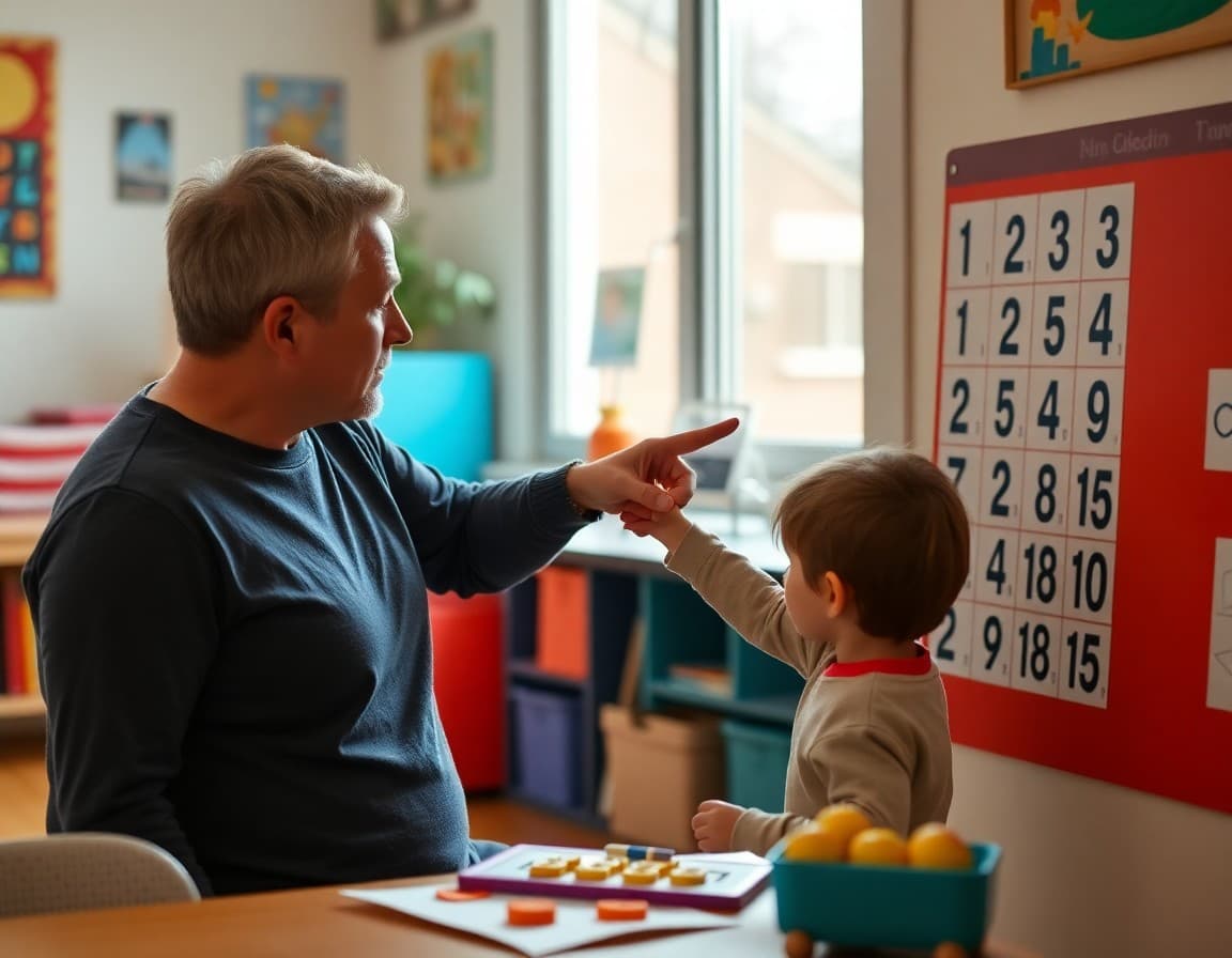 Parent pointing to number chart while kindergartner counts and identifies numbers at home