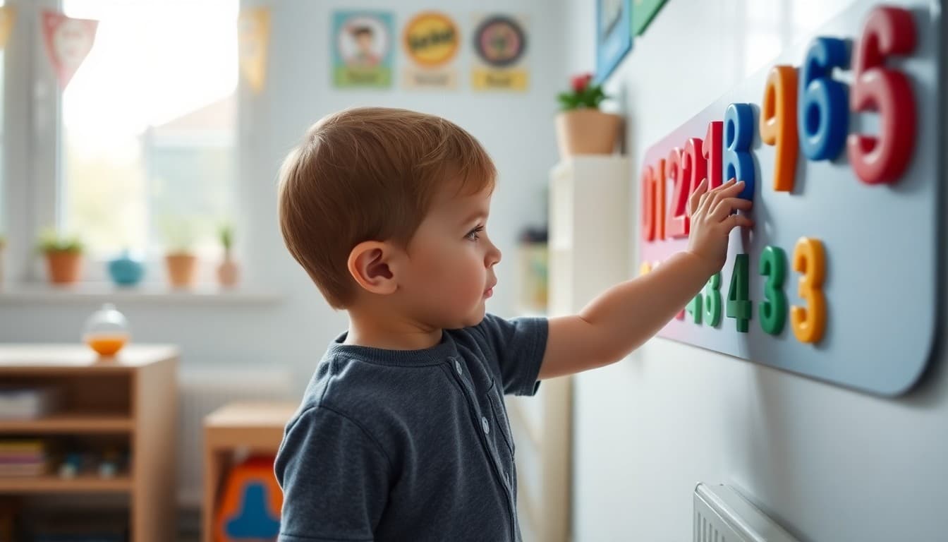 Kindergartner identifying numbers on magnetic board at home during number recognition practice