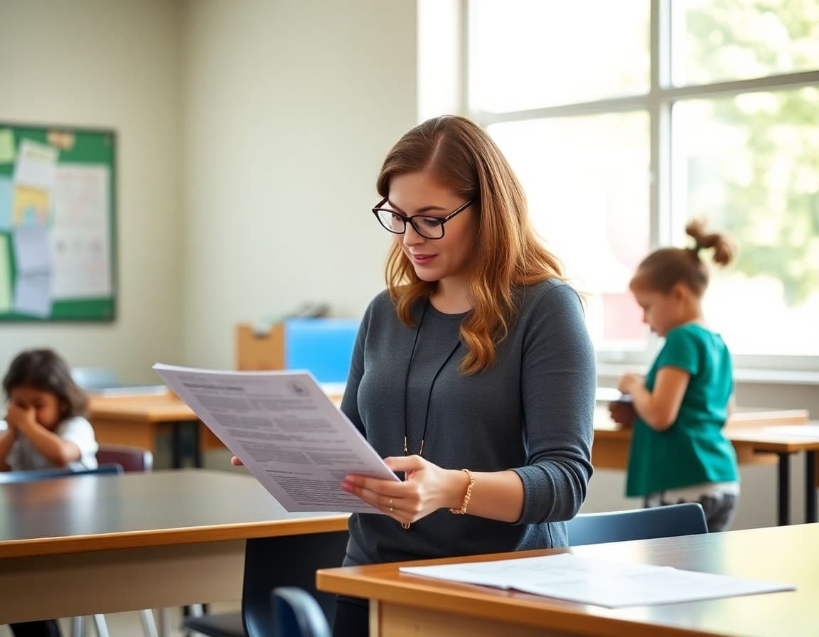 Kindergarten teacher preparing orientation invitation newsletter for new families