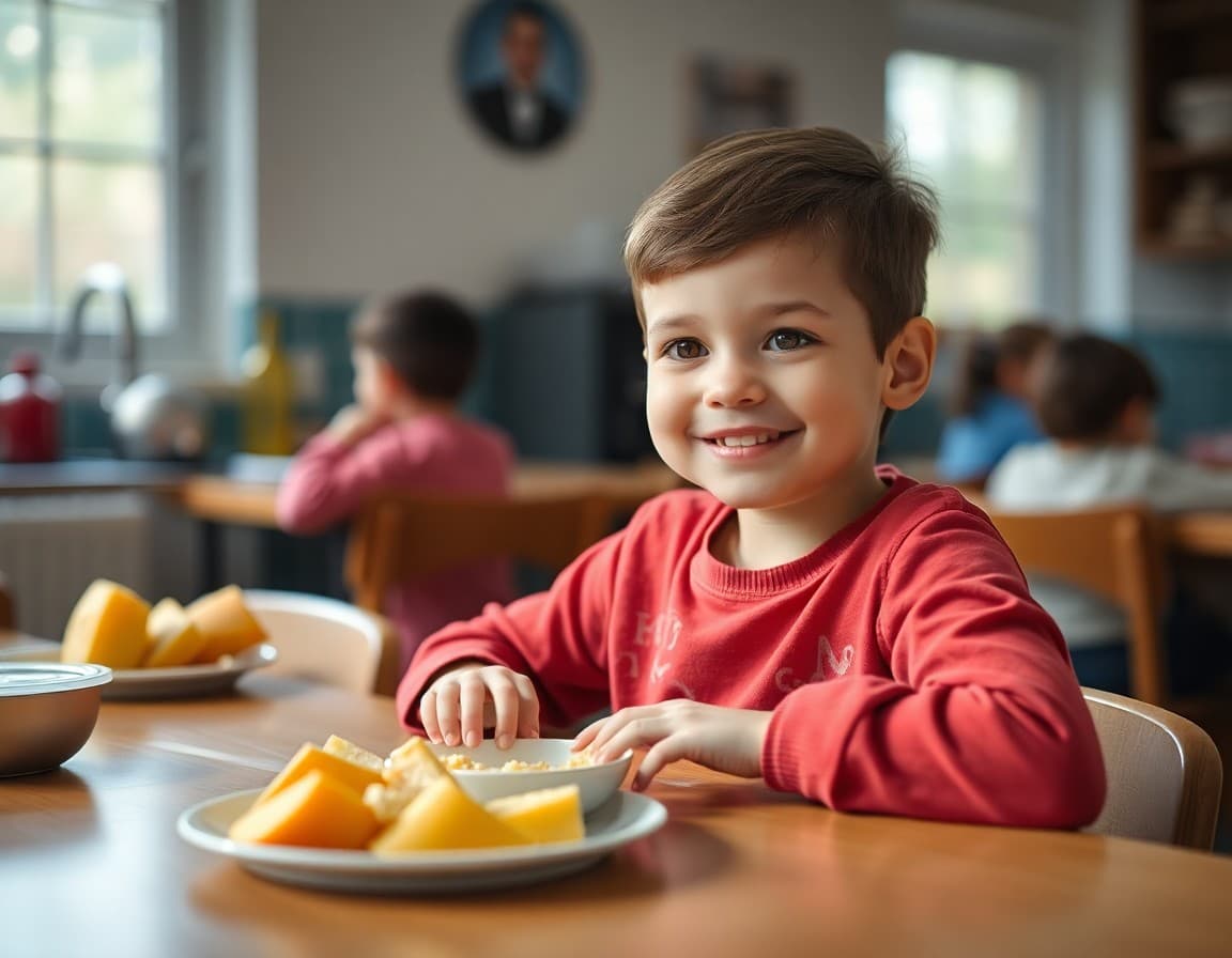Child having a snack at the kitchen table after school with a relaxed expression