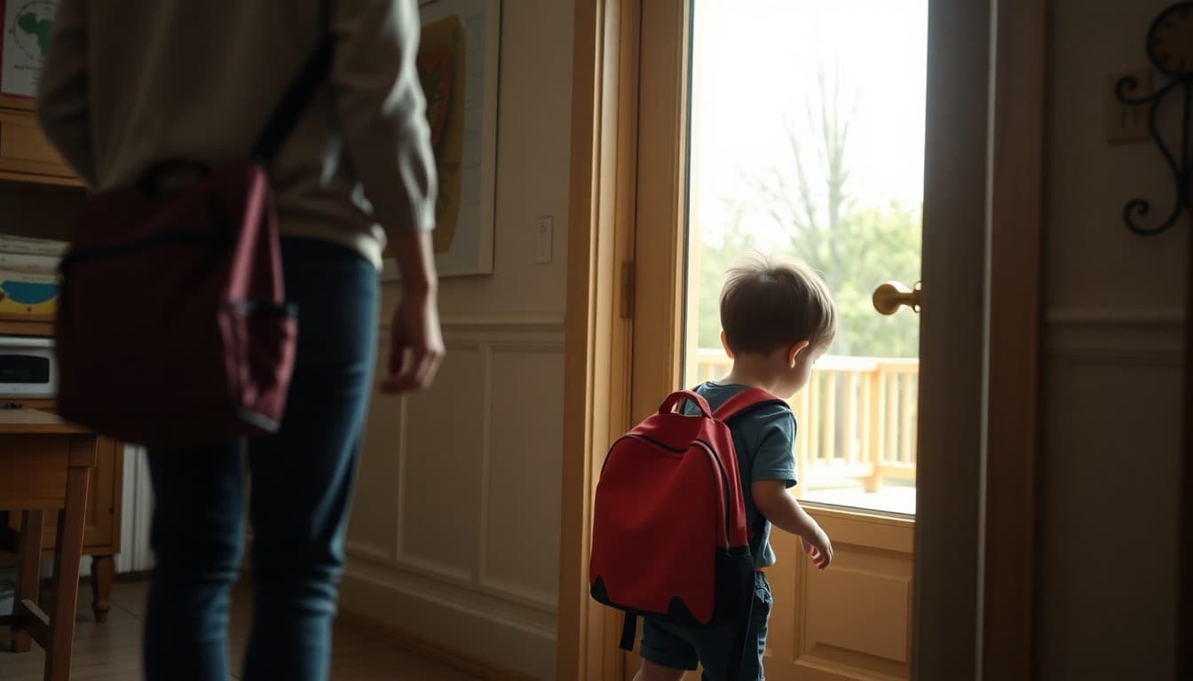Kindergartner dropping backpack at the door after school arriving home with parent