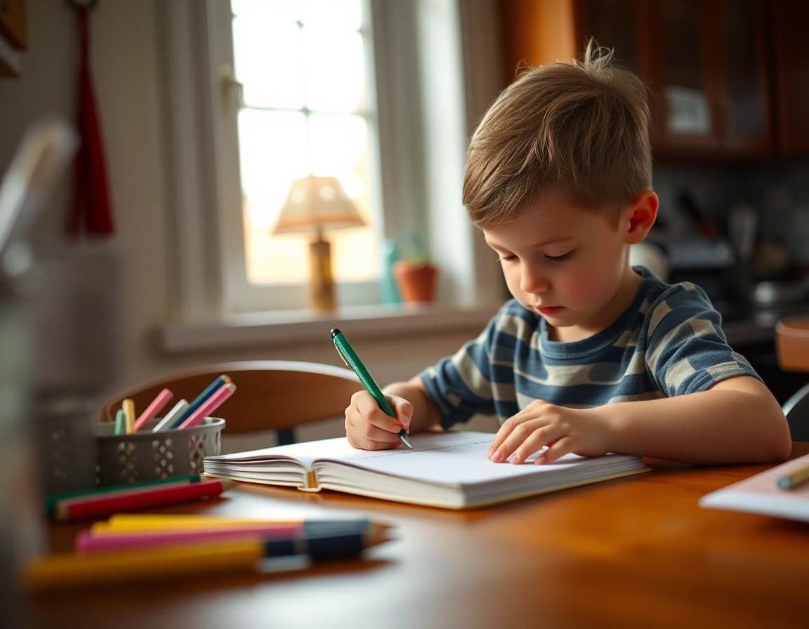 Child writing in a homework folder at the kitchen table after school