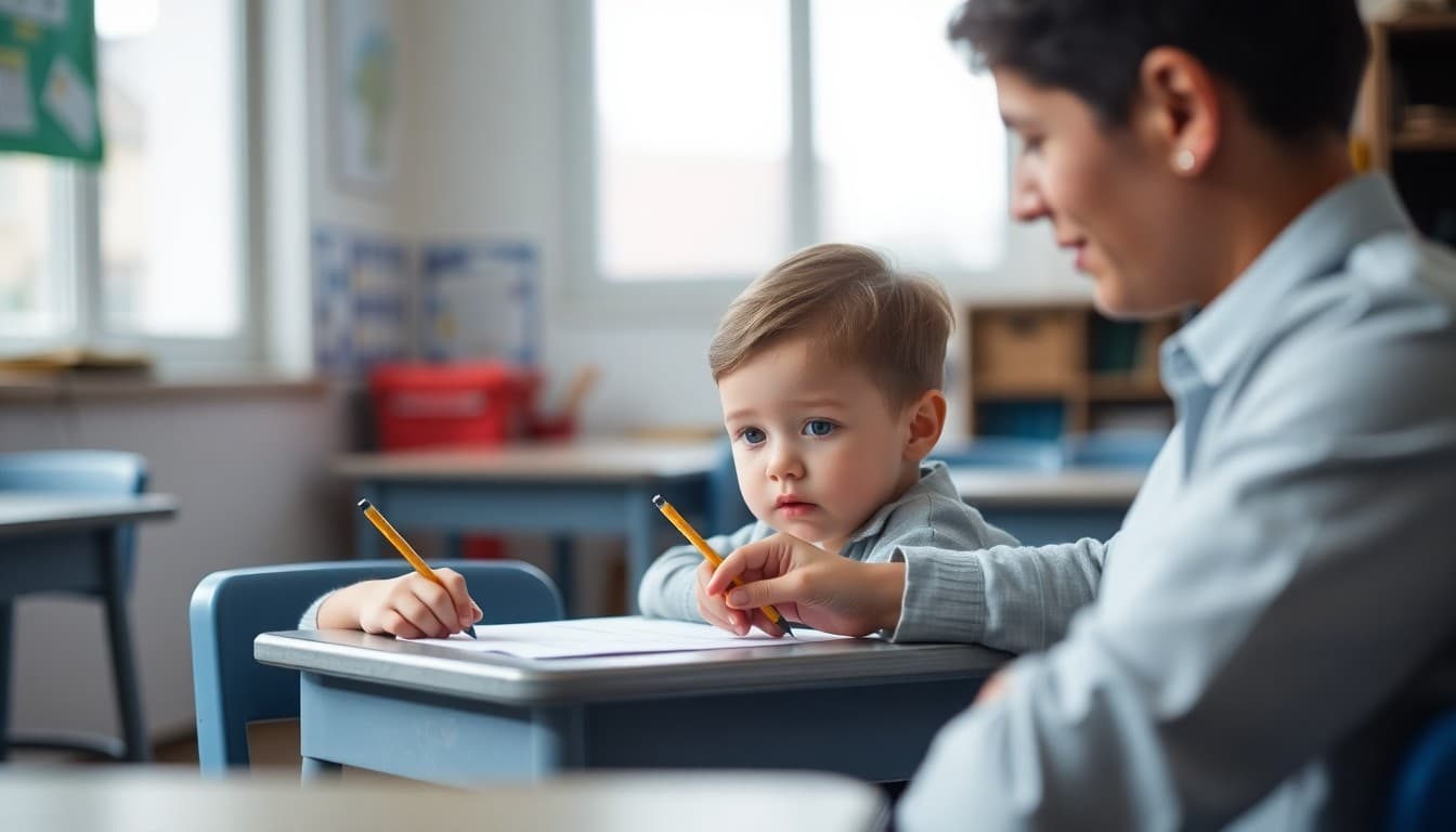 Kindergartner sitting at a small desk with a pencil and paper while a parent sits nearby