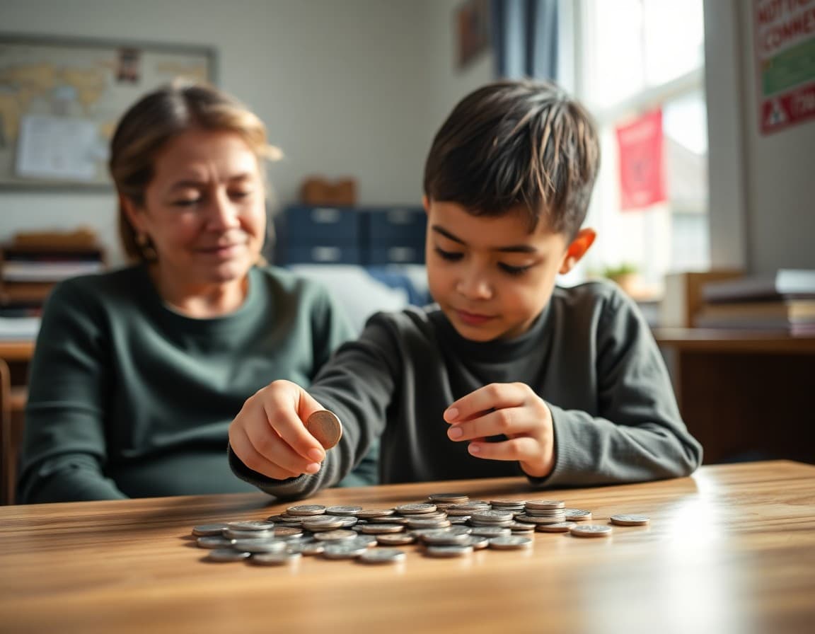 Child sorting coins and counting with a parent in a home setting