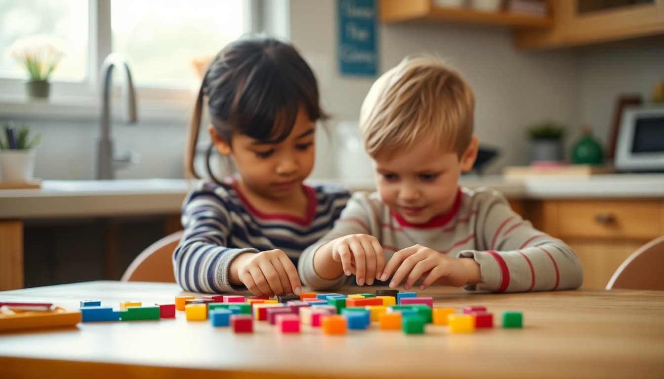 Kindergartner counting small colored blocks at a kitchen table with a parent